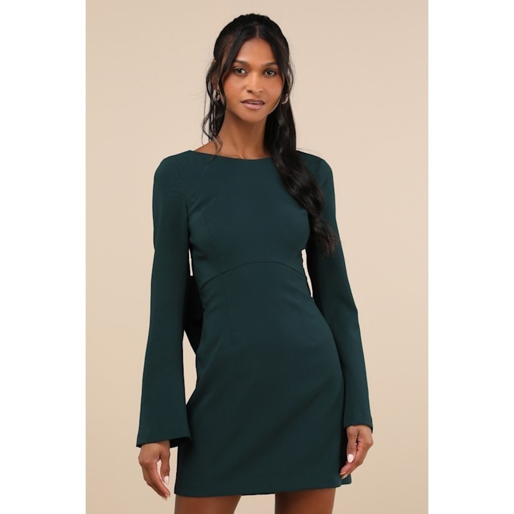 Lulus Elegant Cutie Emerald Bow Long Sleeve Backless Mini Dress Green - Size M